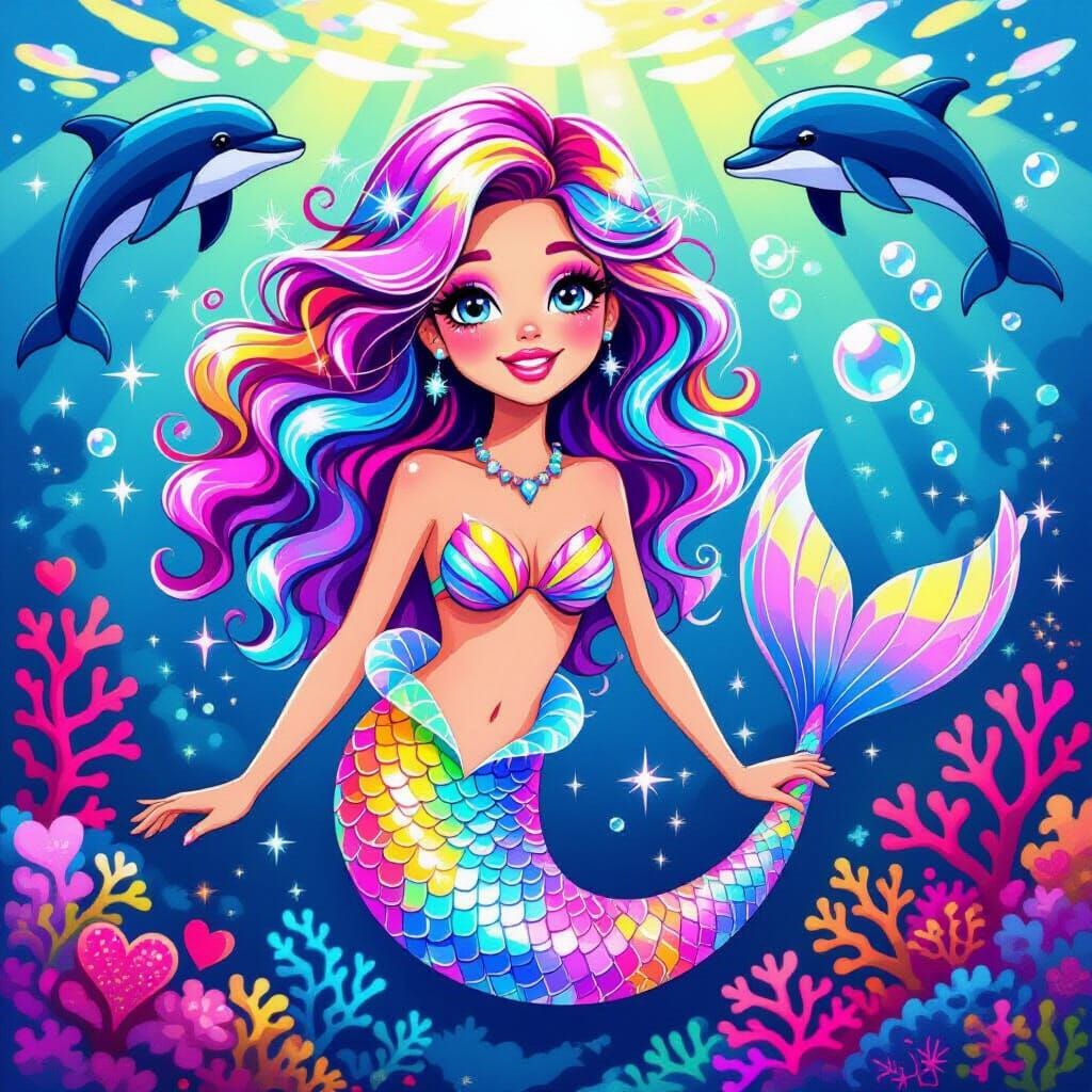 Lisa Frank Style Mermaid with Iridescent Tail