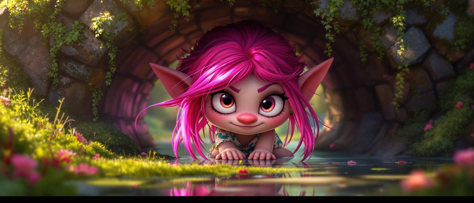 Cute Troll Girl Hiding Under Bridge, in Anime Style