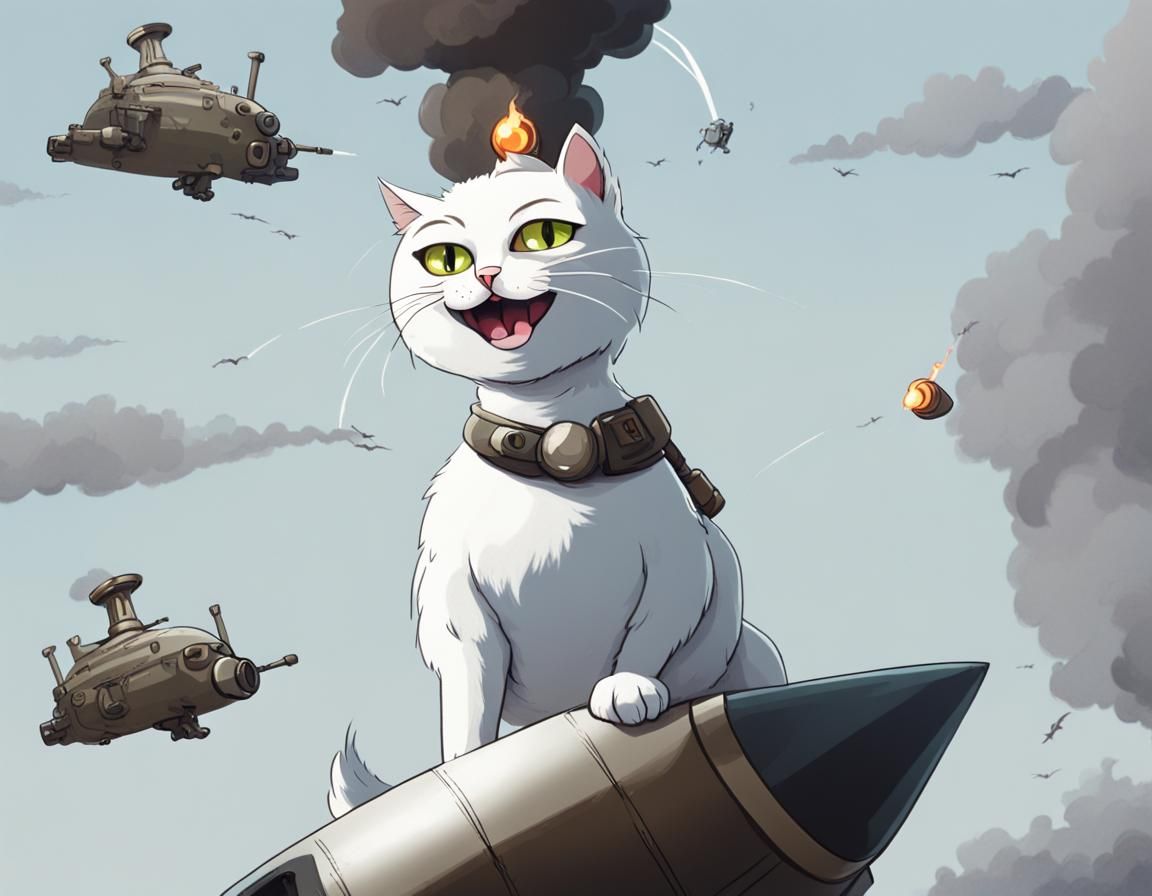 Smug White Cat Riding a Bomb