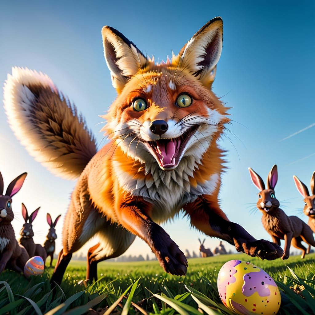 Red Fox Chases Chocolate Easter Bunny in Lush Green Meadow