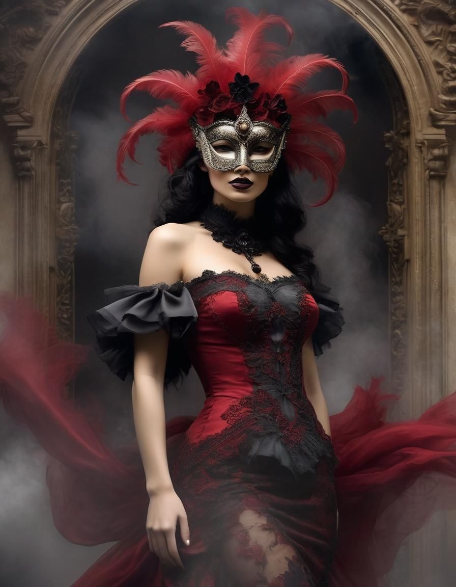 Mystical Venetian Woman in Gothic Castle, Watercolor