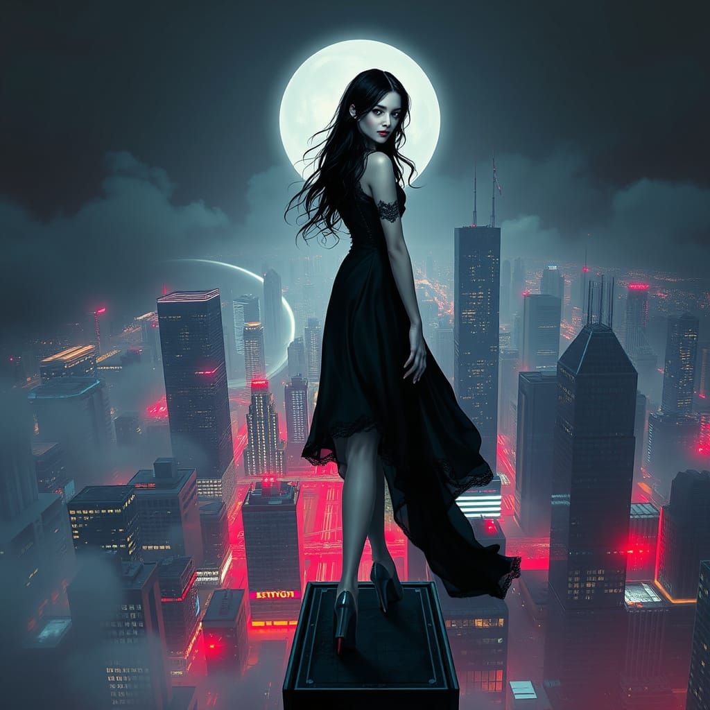 Ethereal Vampire Goddess in Neon Cityscape