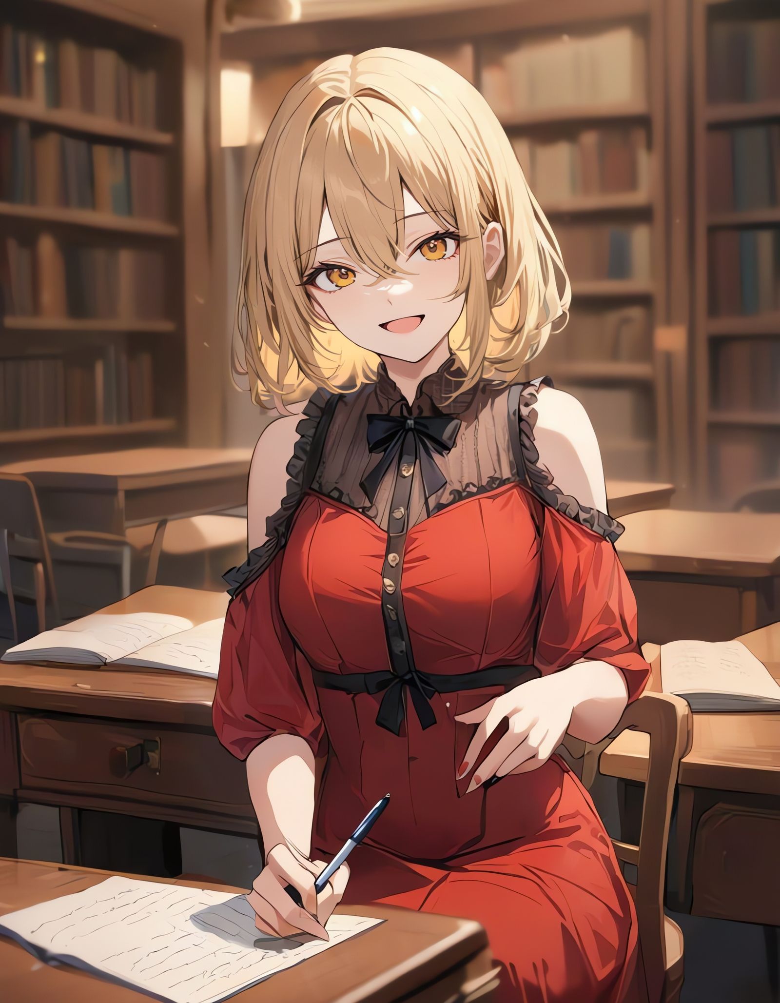 Sitting Detective in a Yellow Gown Smiles at the Viewer