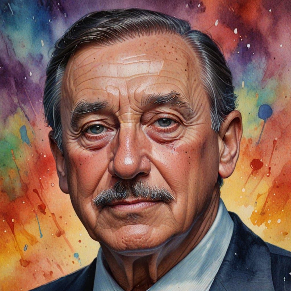 Hyperrealistic Watercolor Portrait of Walt Disney in Eerie A...