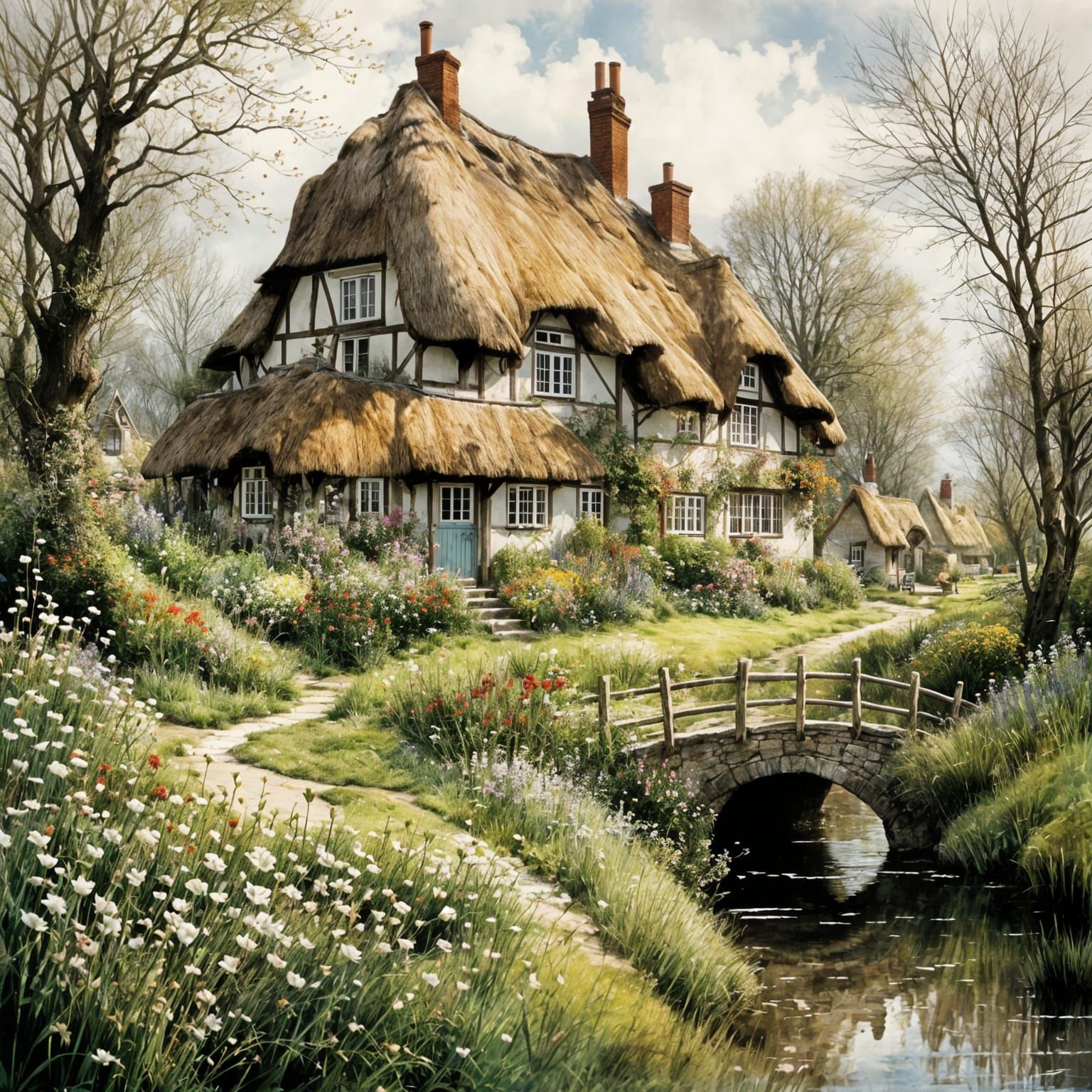 Charming Thatched-Roof House with Spring Garden