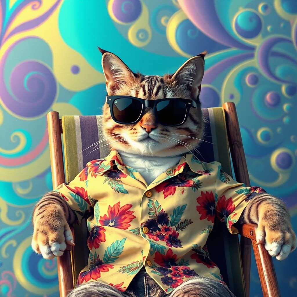 Psychedelic Cat Lounging on Beach with Fractals