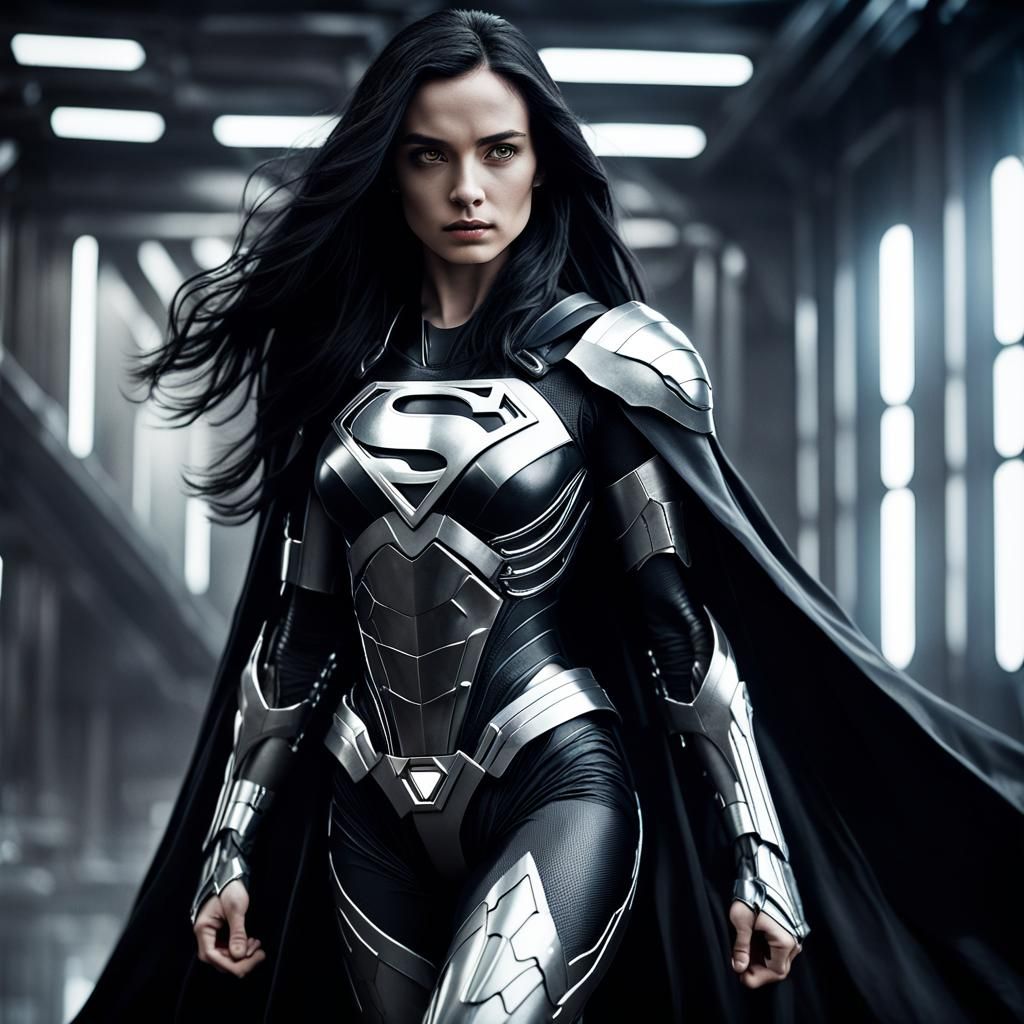 Woman in Symbiont Cyber Armor with Flowing Cape