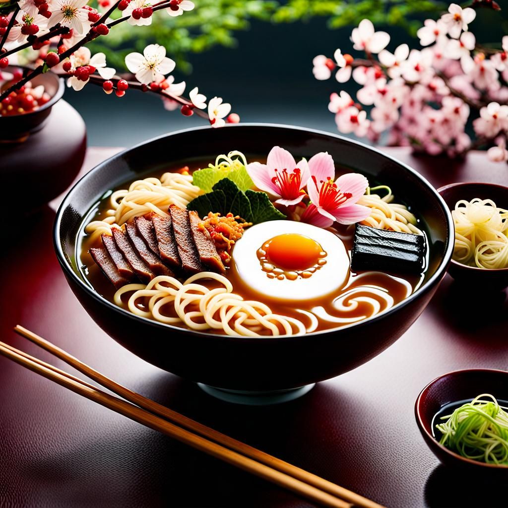 Artistic Miso Ramen with Cherry Blossoms