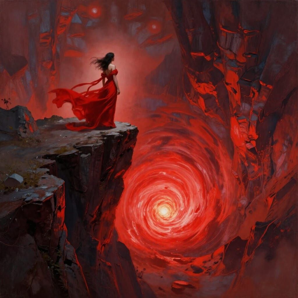 Woman in Scarlet Gown on Cliff Edge Above Red Portal
