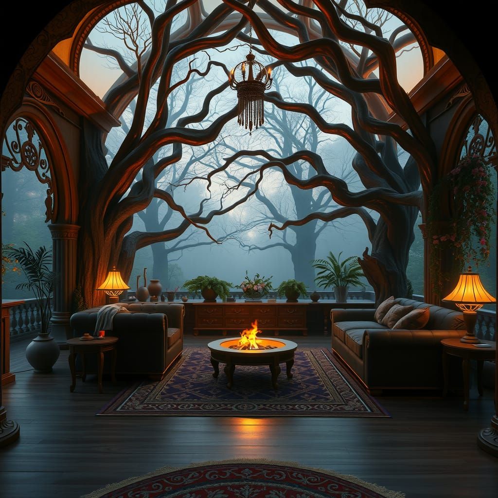 Elven Living Room in Mystical Forest, Matte Painting