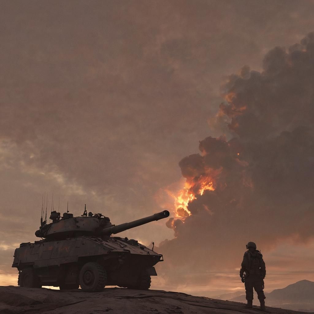 Tanker Silhouette with Fiery Explosion: Dark Fantasy Art