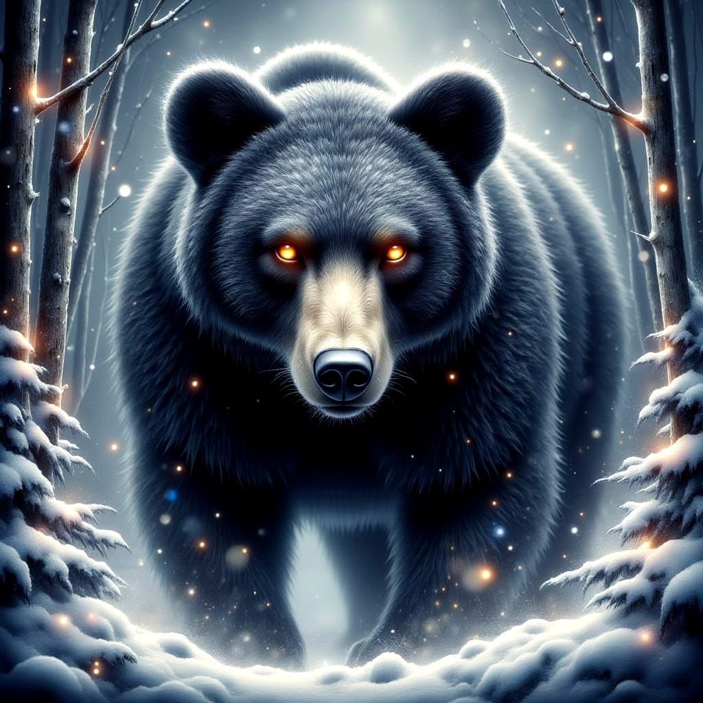 Black Bear in Dreamlike Winter Landscape
