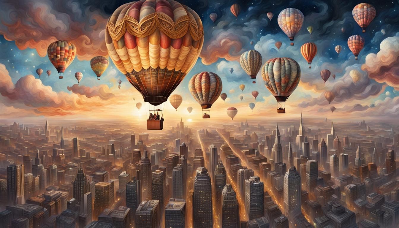 Ornate Hot Air Balloons Above Skyscraper City