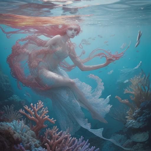 Sea Vampire in Coral Reef: Symbolist Fantasy Art