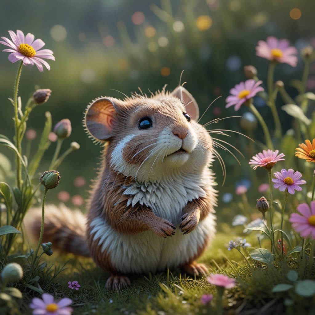 Whimsical Vole in Sunlit Meadow