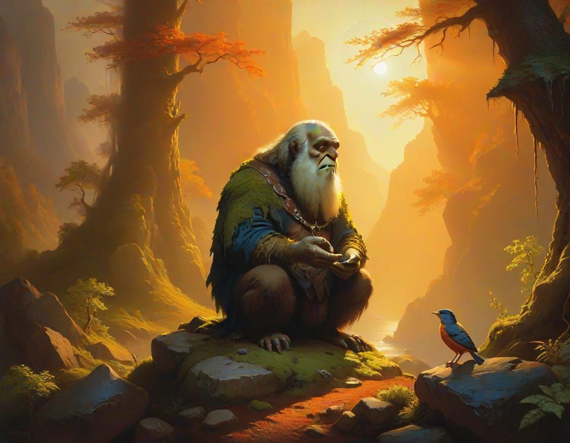 Moss Giant Cradling Bird: Oil Painting in Sunlight