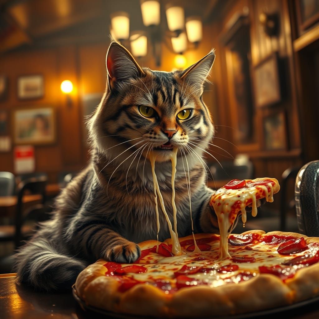 Regal Feline Devours Pizza in Dimly Lit Italian Pizzeria