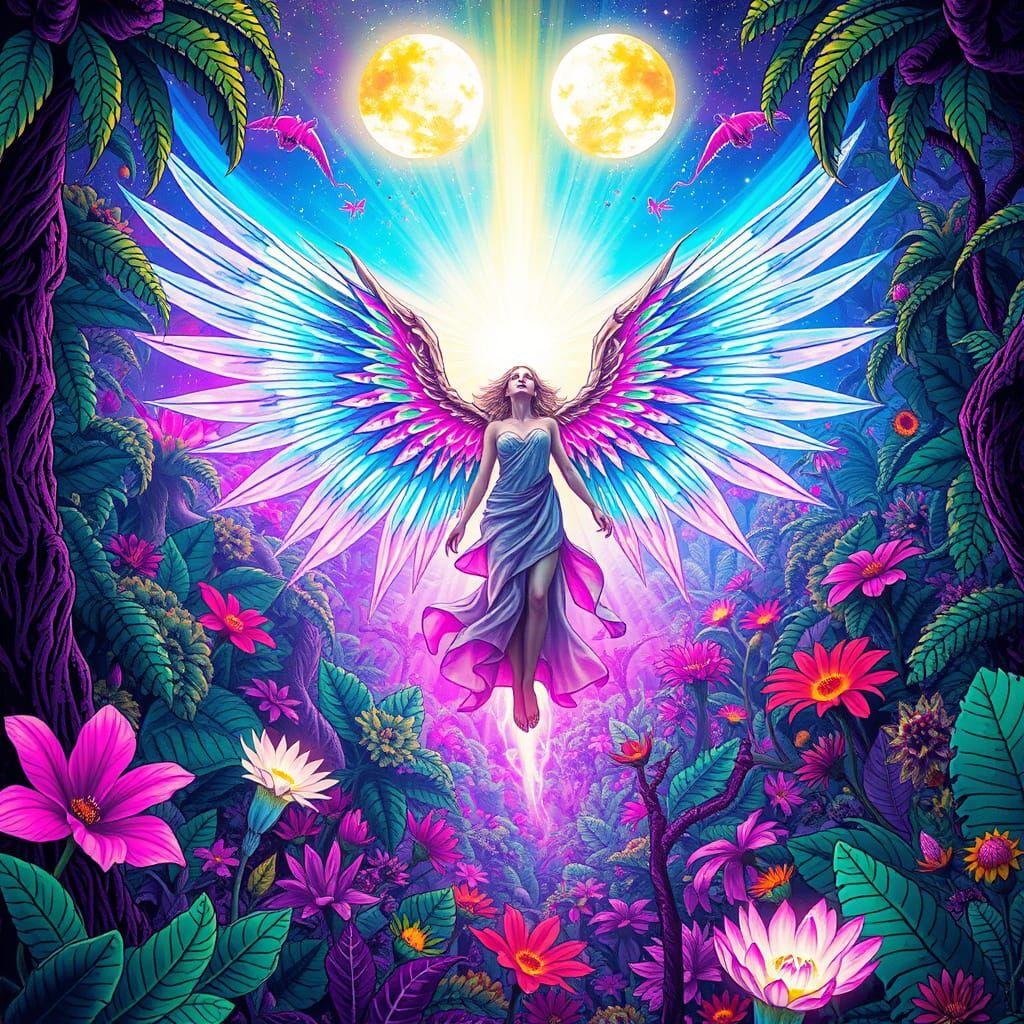 Ethereal Angel Descends into Alien Jungle in Comic Art Style