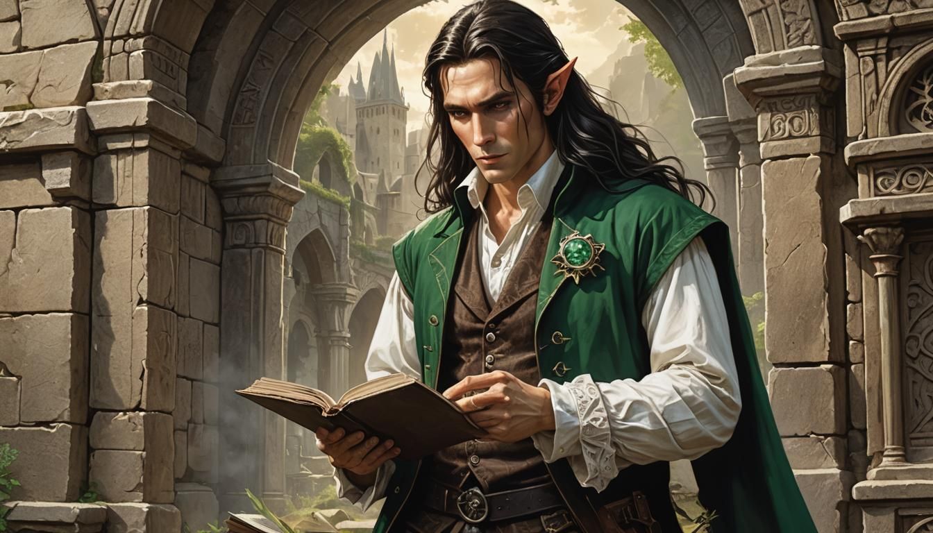 Elf Reading Grimoire in Ancient Tomb