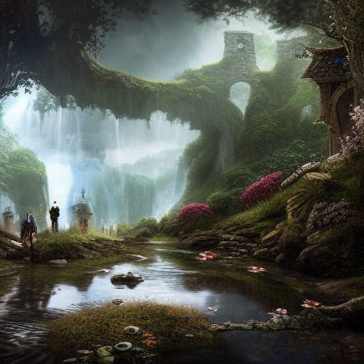 Fantasy Adventurers Relaxing by a Stream