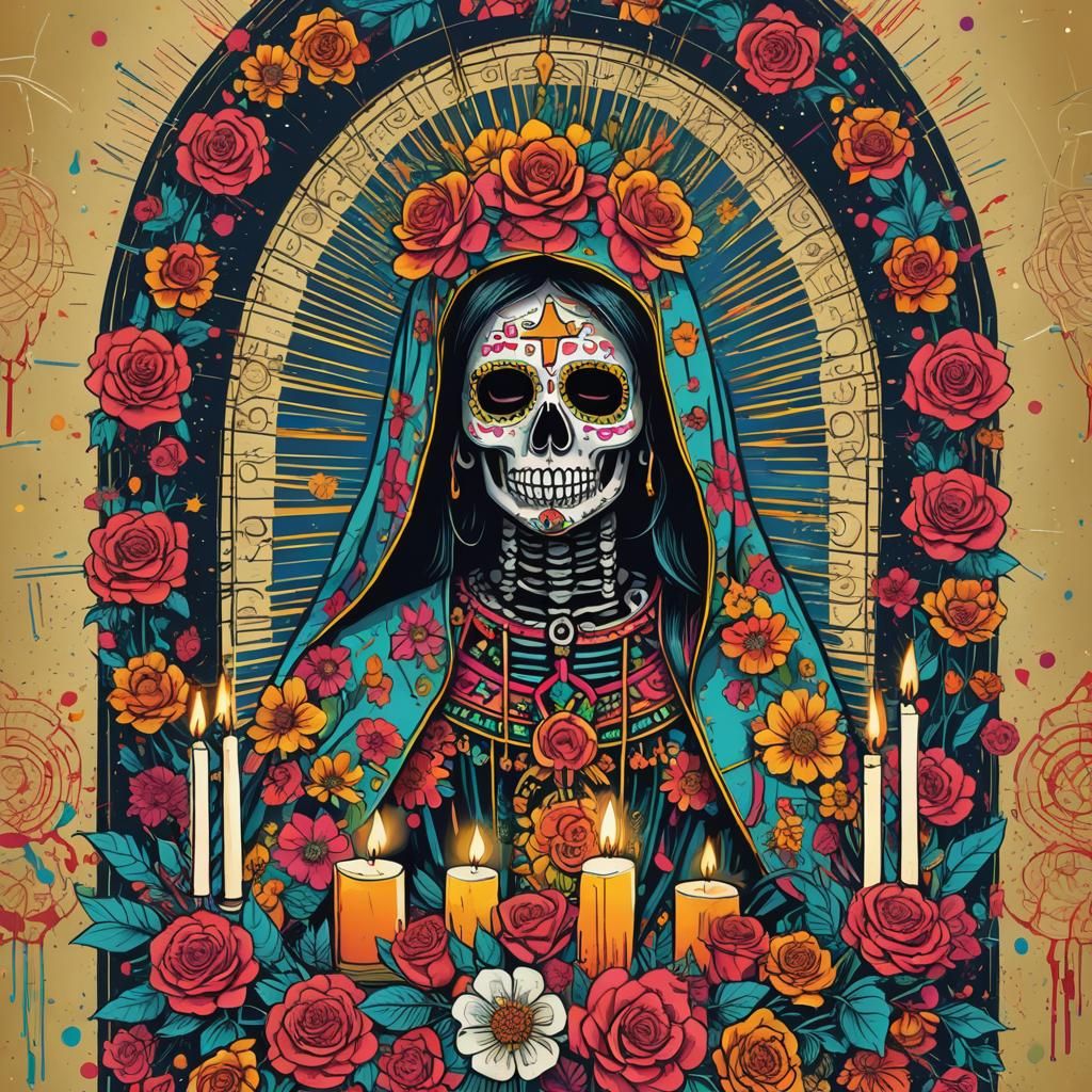 Cyberpunk Sugar Skull Virgen de Guadalupe Art