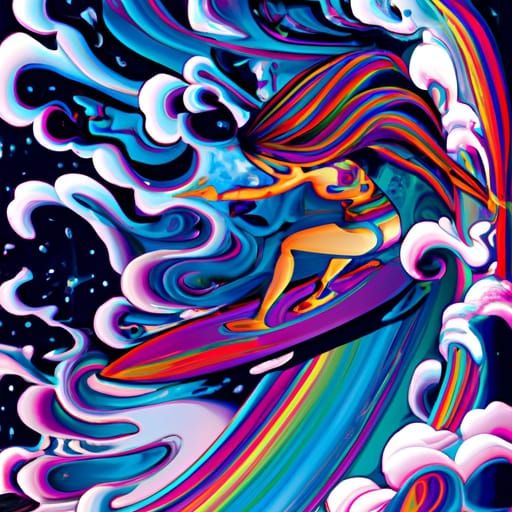 Surfer Girl Rides a Wave in Space: Comic Book Art