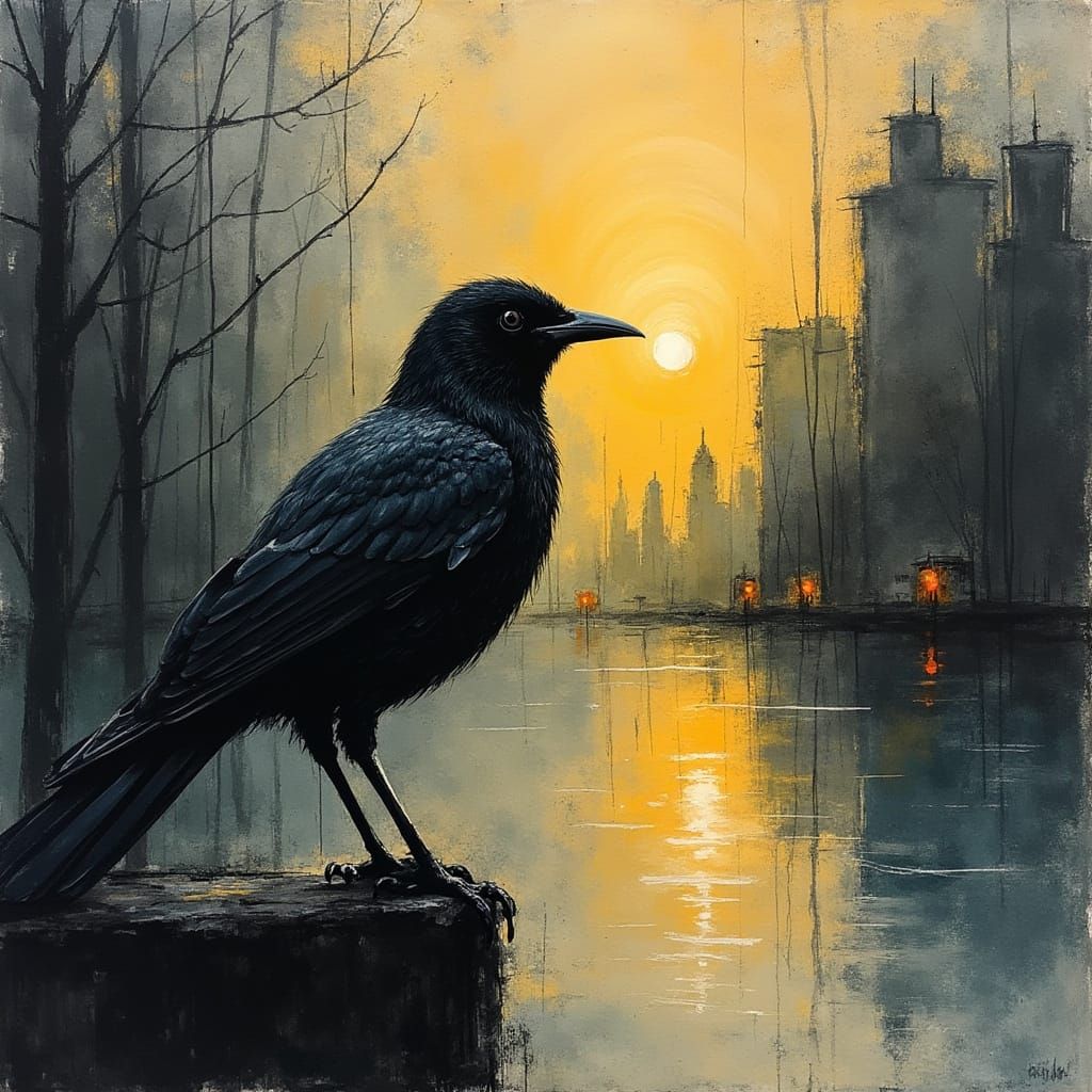 Surreal Cityscape with a Haunted Bird in Golden Hour