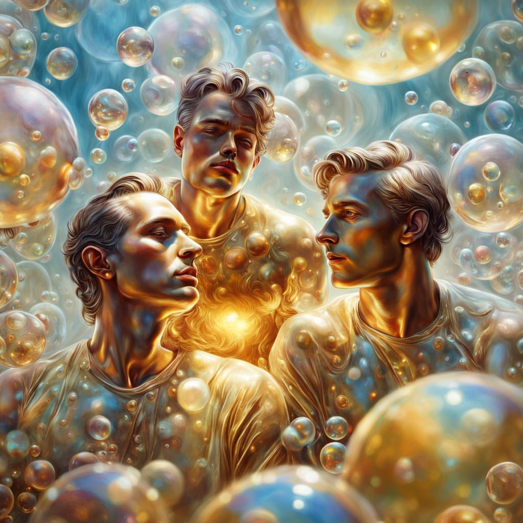 Surreal Men Floating in Iridescent Bubbles: Oil Painting