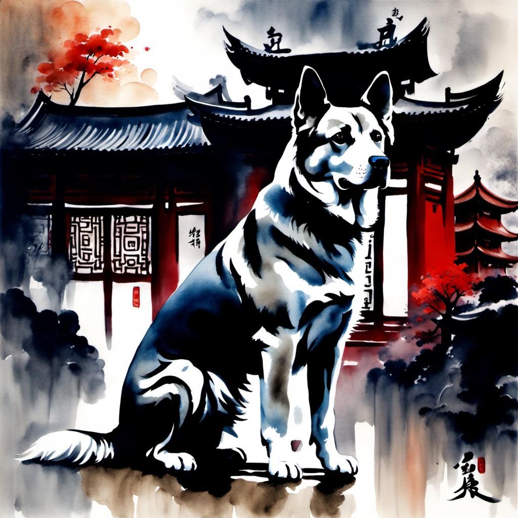 Oriental Ink Wash Dog with Temple Backdrop