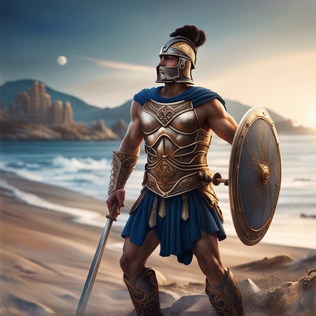 Handsome Greek Warrior on Idyllic Beach