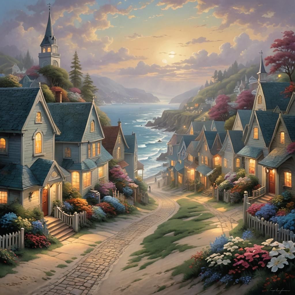 Ethereal Coastal Town Inspired by Thomas Kinkade
