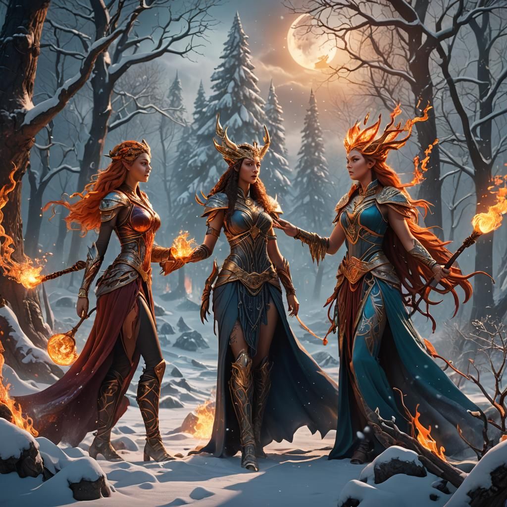 Winter and Fire Goddesses Conjuring Magic