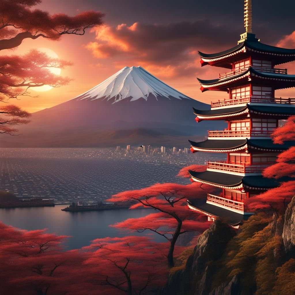 Epic Japanese Dragon Sunset Over Mount Fuji