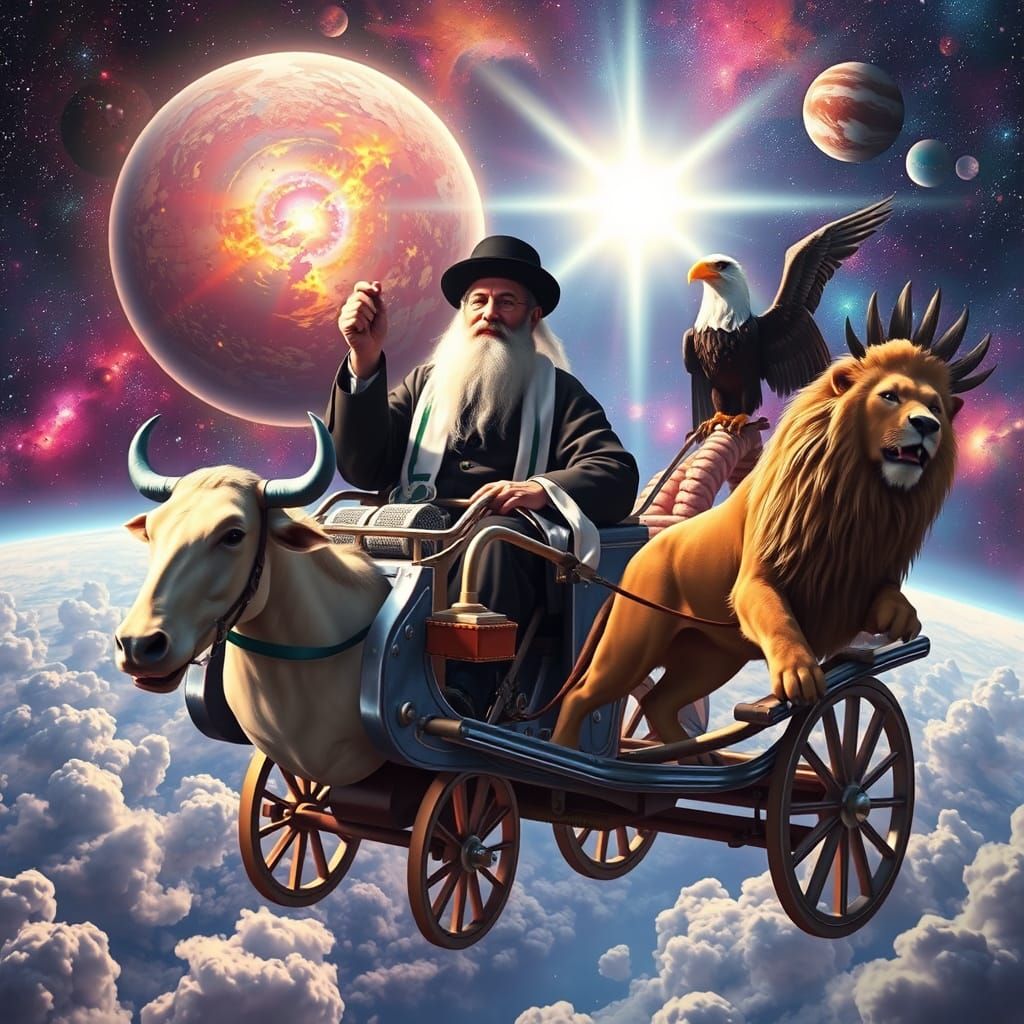 A Hasidic Jew Sits in a Gleaming Jet Chariot Pulled by an Ox...