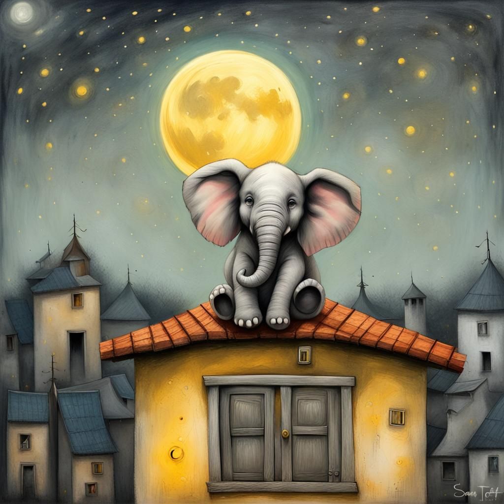 Elephant on Roof in Cartoon Folk Art Style