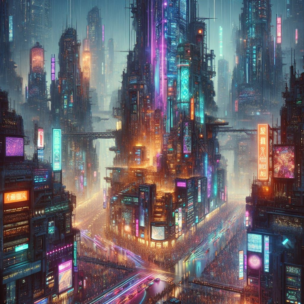 Vibrant Cyberpunk Cityscape in Dystopian Future