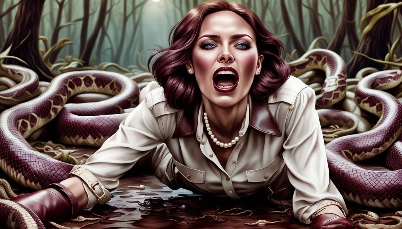 Woman in Fear Surrounded by Snakes