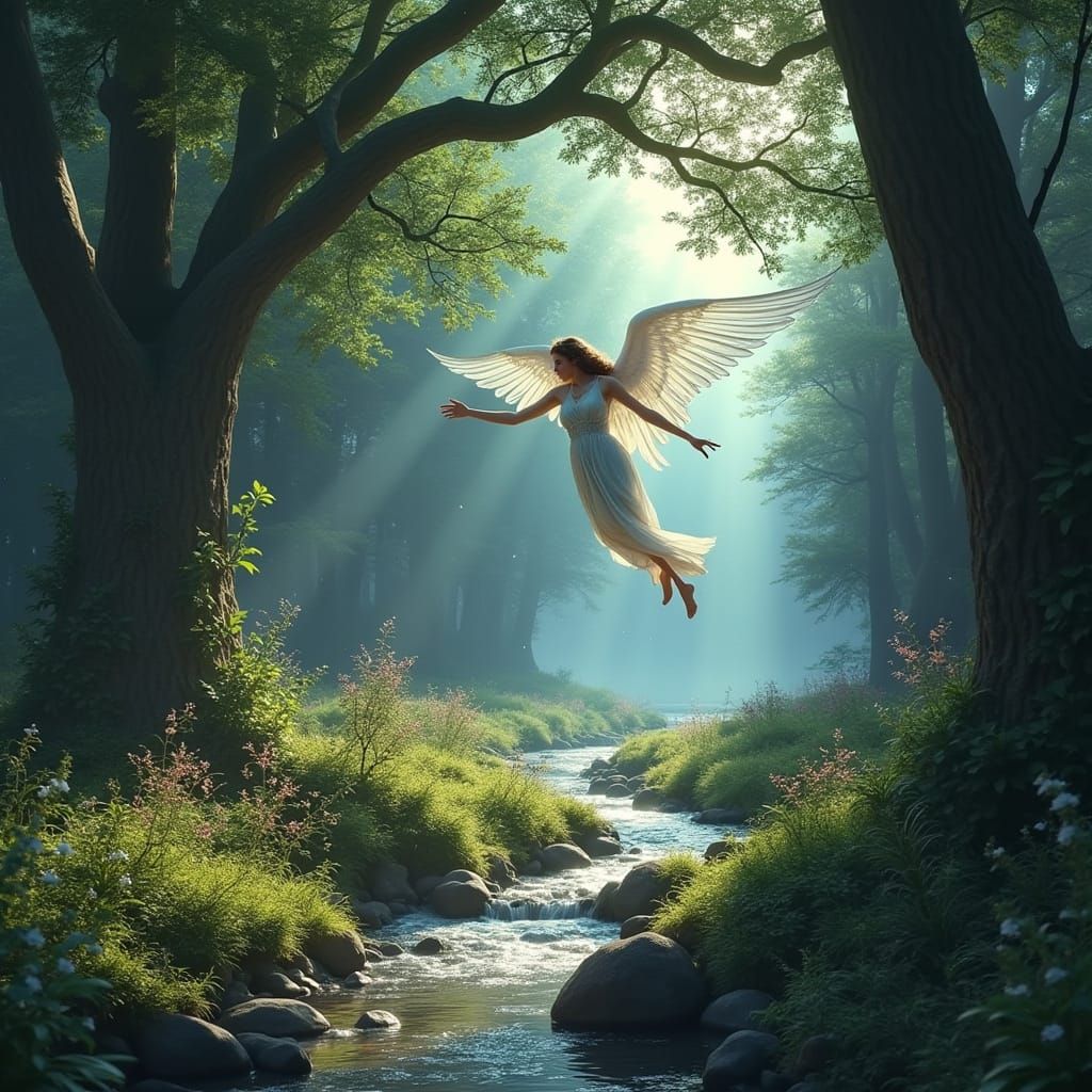 Angel of Hope Floats Above Serene Stream in Vibrant Colors