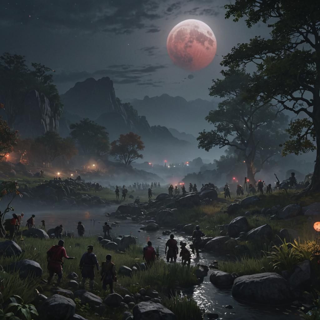 Villagers and Demon Under Red Moon in Hyperrealistic Style