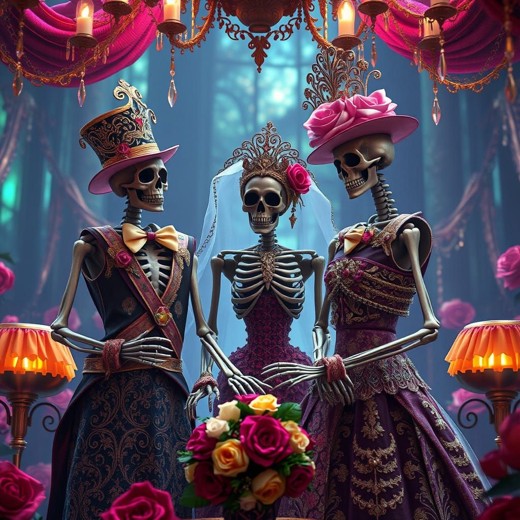 Ethereal Skeleton Wedding in Baroque Splendor