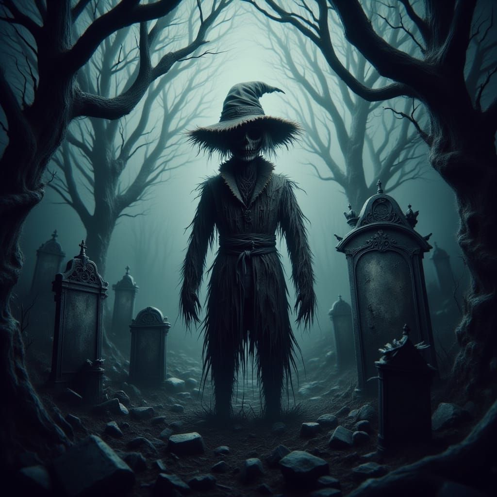 Solemn Steampunk Scarecrow in Misty Forest Graveyard