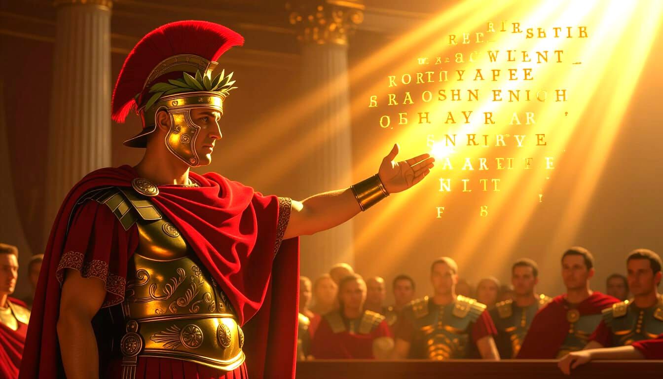Julius Caesar in the Senate with Glowing Cipher Letters