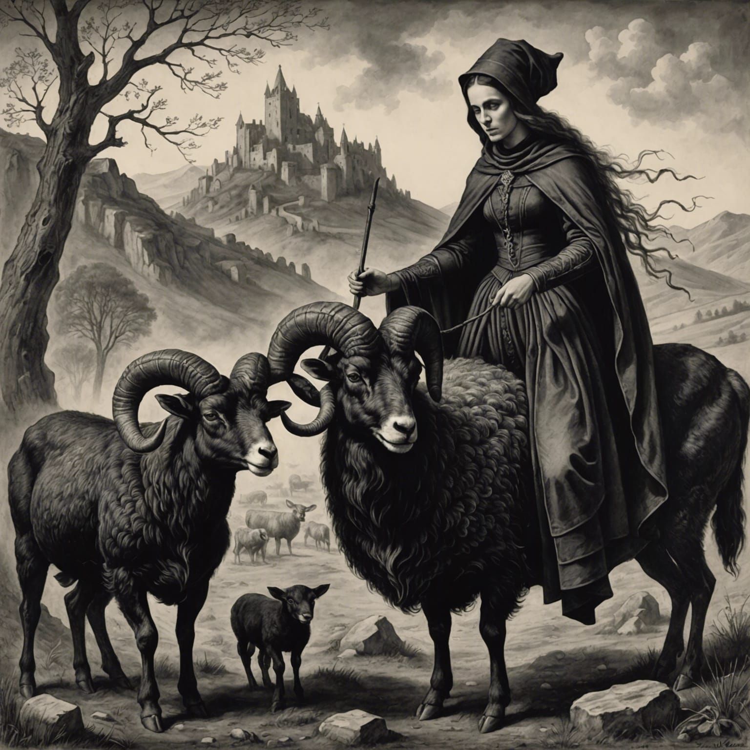 Medieval Witch and Ram Charcoal Drawing