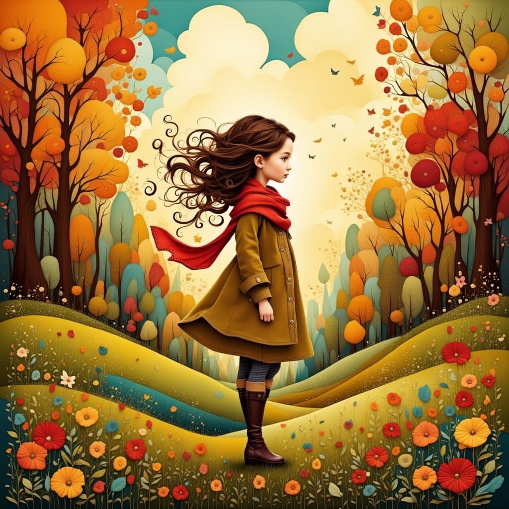 Whimsical Autumn Girl Amidst Swirling Leaves