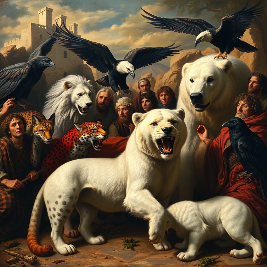 Renaissance Oil Painting of Predatory Animals in Landscape