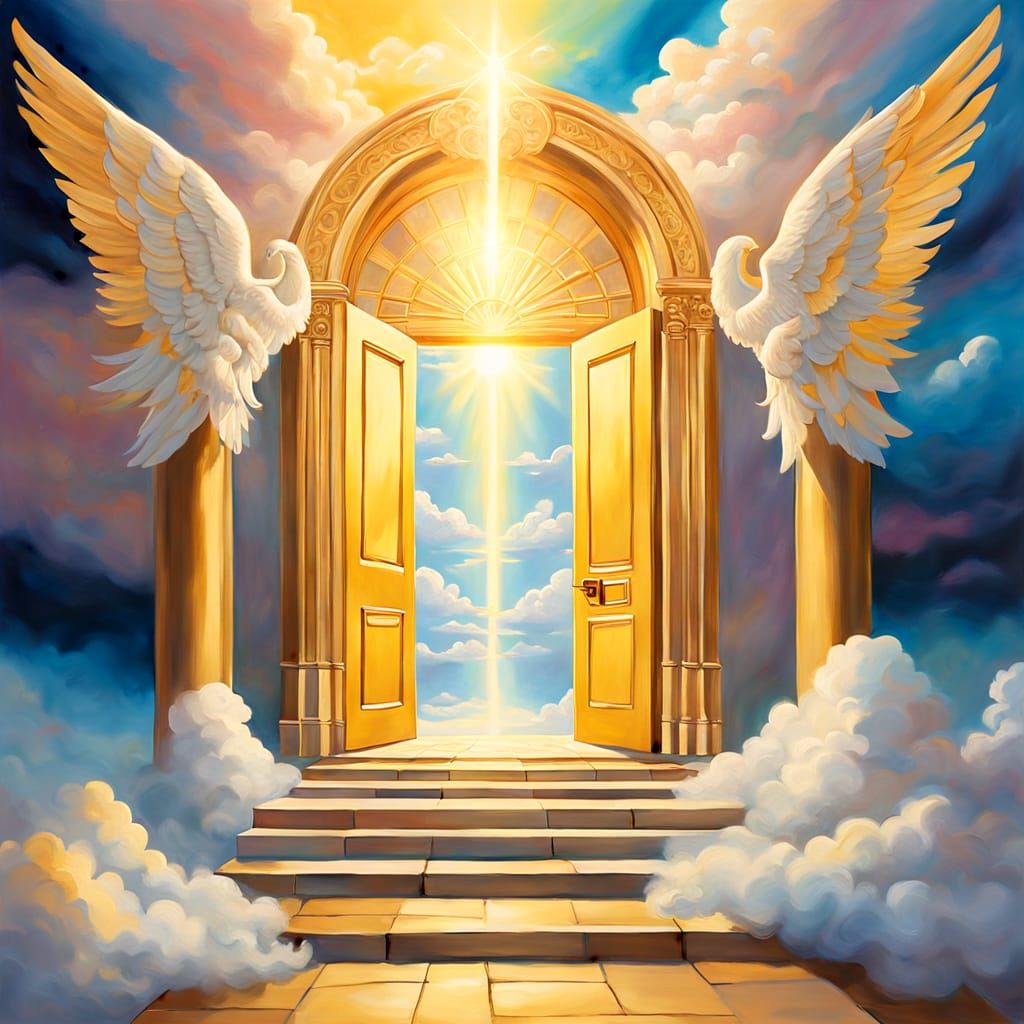 Heavenly Cityscape with Angelic Guides: Surreal Oil Painting