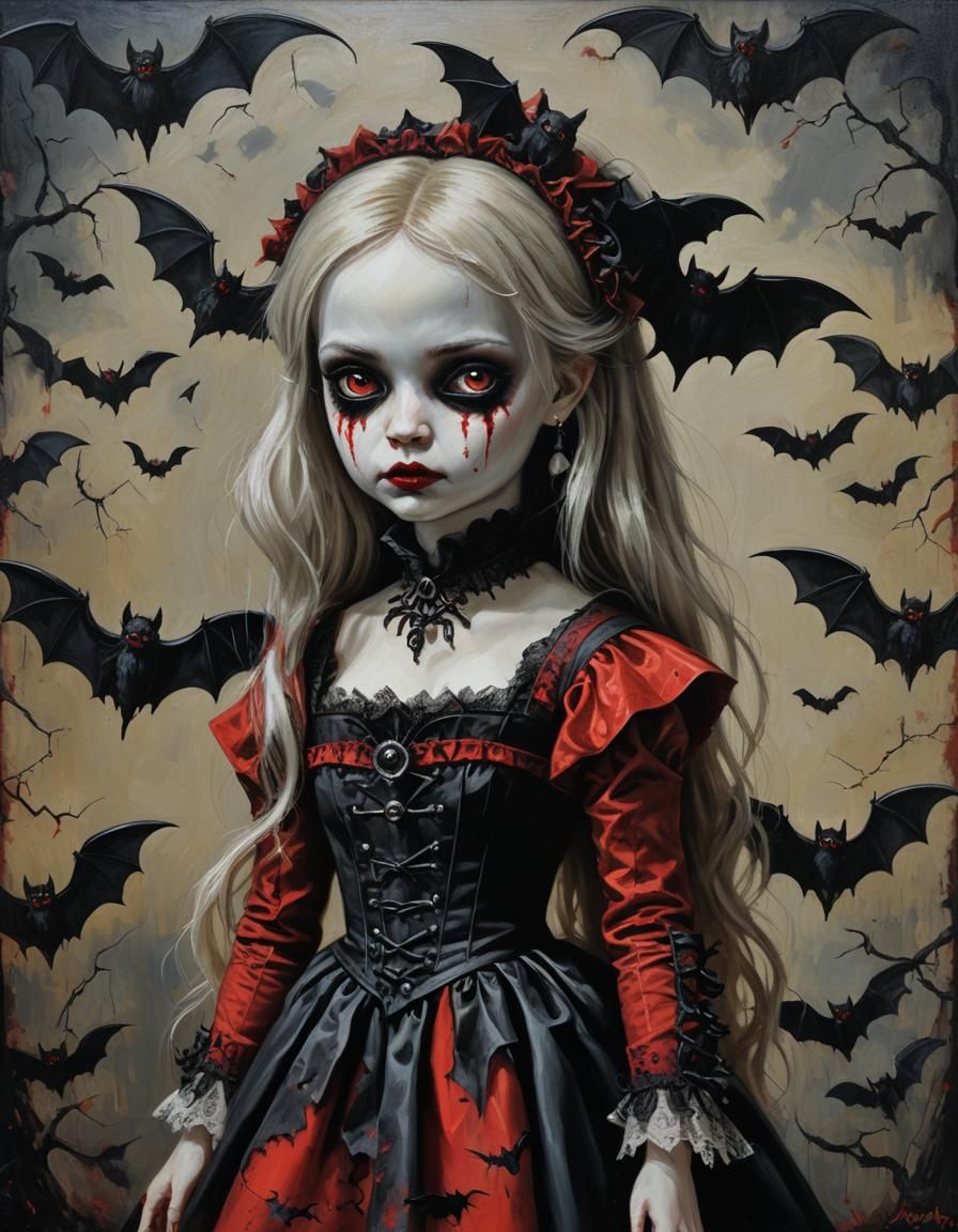 Gothic Vampire Doll with Bats as Oil Painting