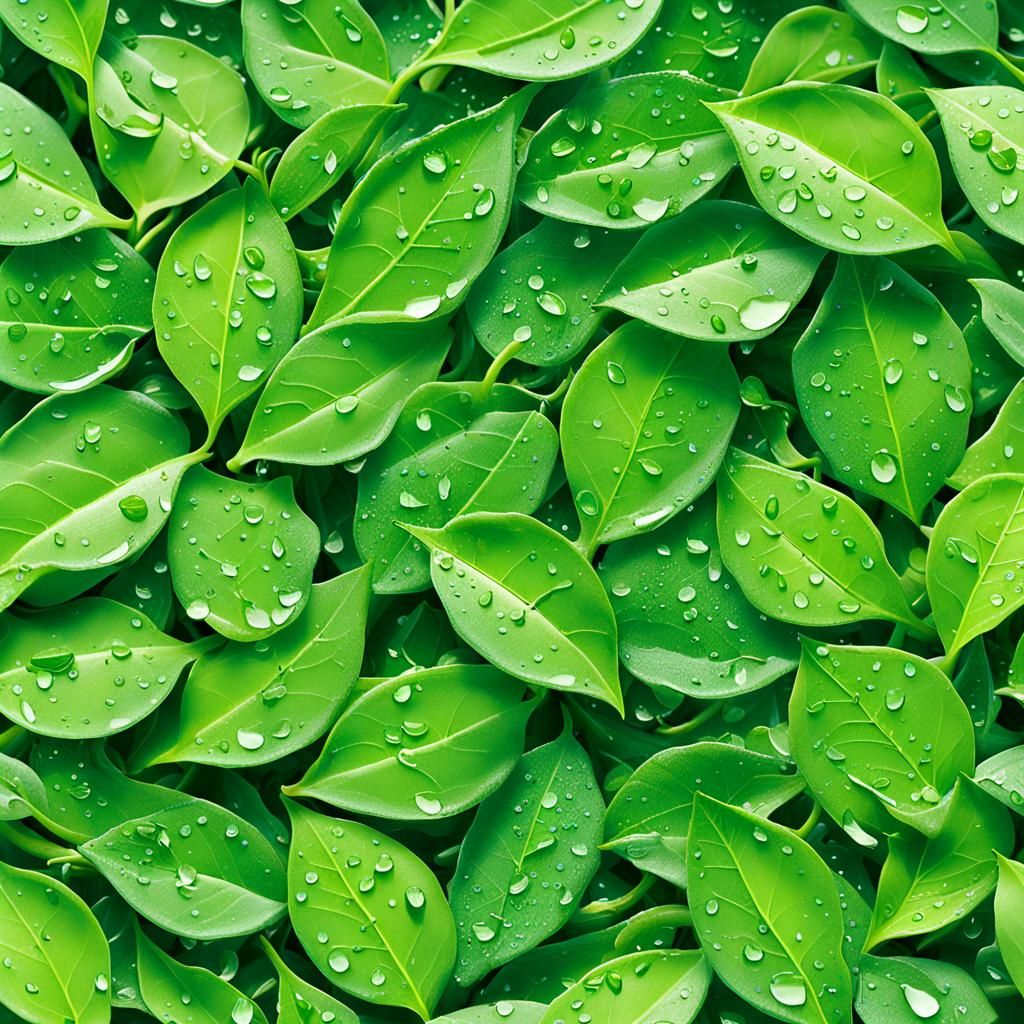 Detailed Green Tea Leaves with Dew Drops