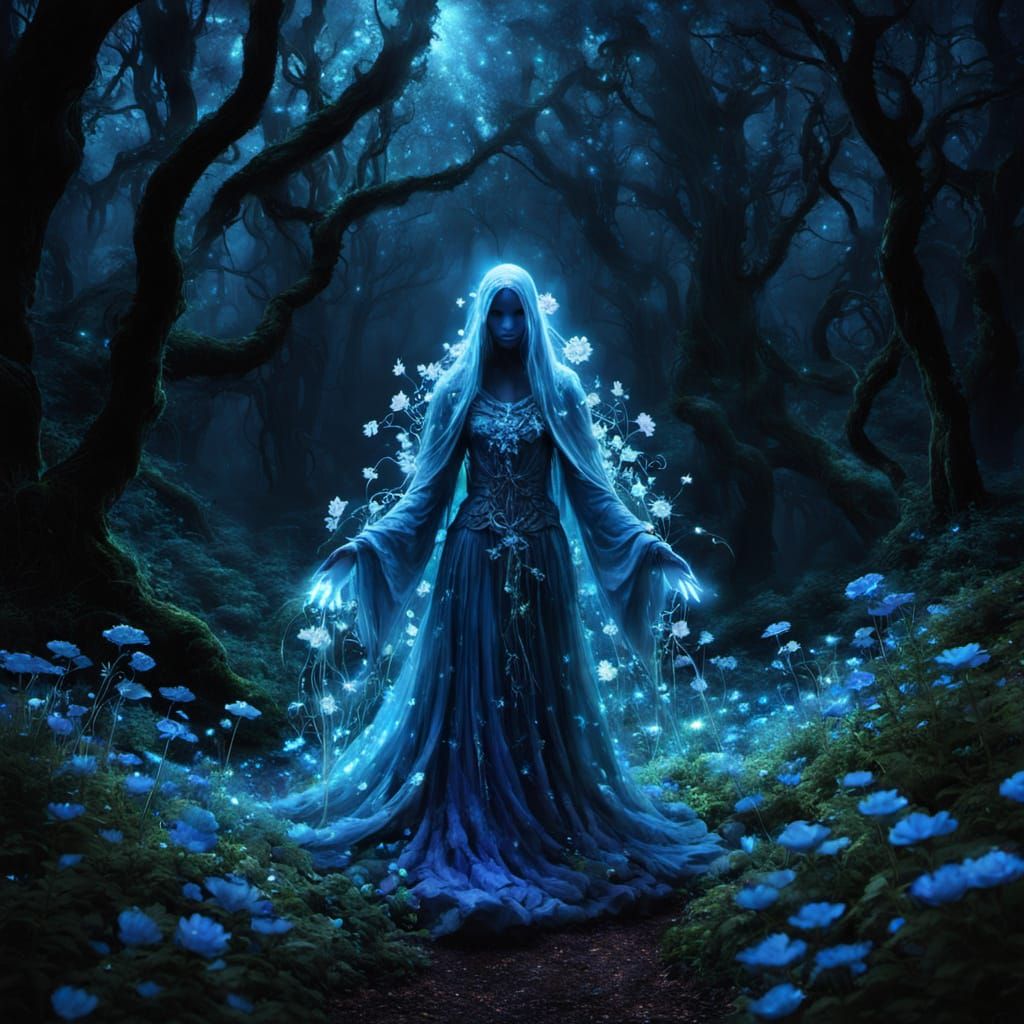 Ghostly Figure in Enchanted Bioluminescent Forest