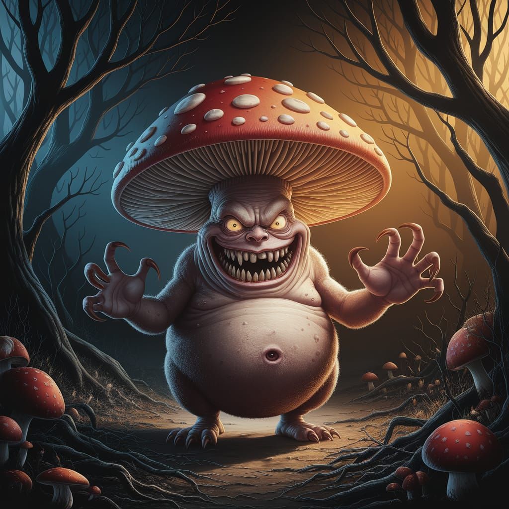 Grotesque Mushroom Horror in Dark Forest
